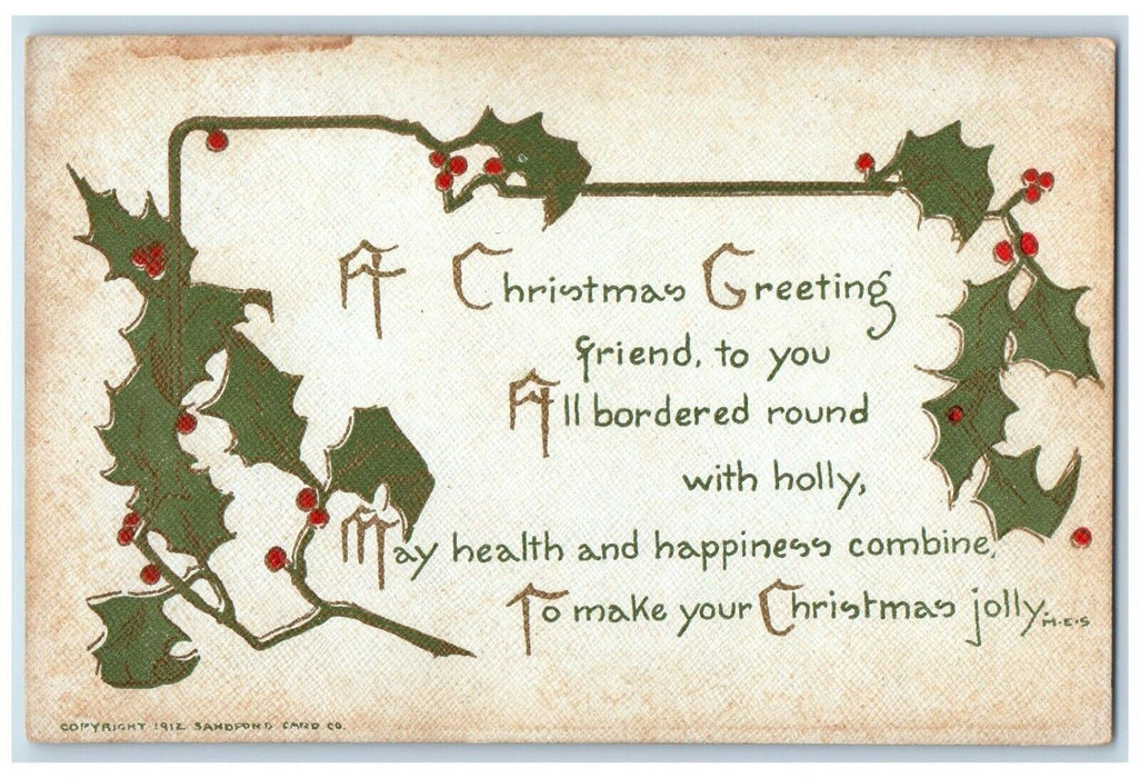 c1910's Christmas Greetings Message Holly Berries Sanford Antique Postcard