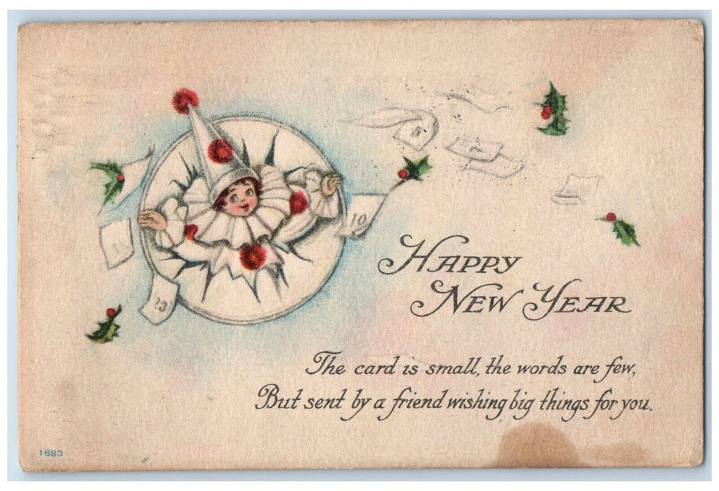 1915 Happy New Year Jester Clown Holly Berries Rochester NY Antique Postcard
