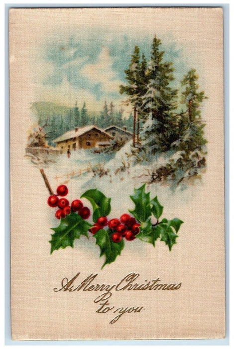 c1910's Christmas Holly Berries Winter Pine Tree House Winsch Back Silk Postcard