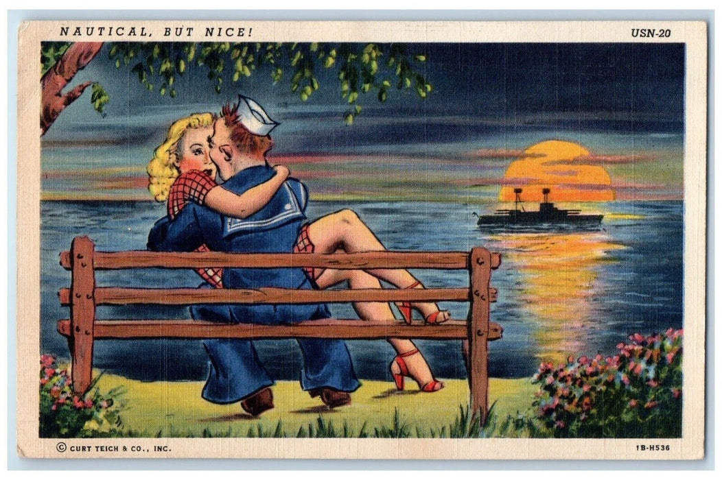 1943 Sweet Couple Hugging Steamer US Navy Sailor Soldier Mail Vintage Postcard