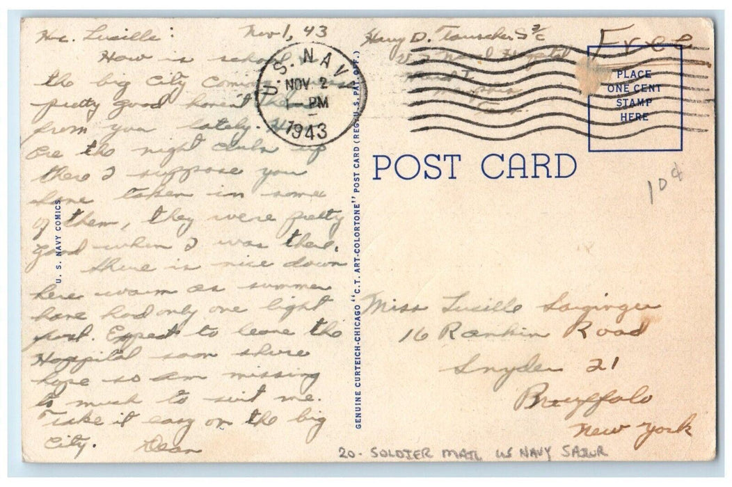 1943 Sweet Couple Hugging Steamer US Navy Sailor Soldier Mail Vintage Postcard
