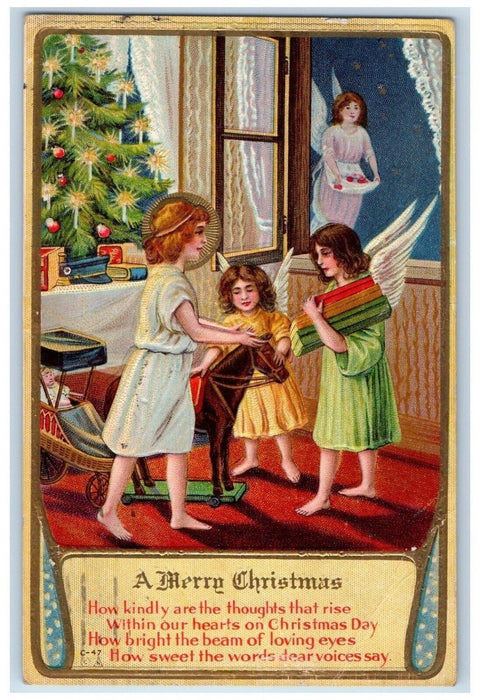 Merry Christmas Angels Rocking Horse Embossed Buffalo NY Antique Postcard