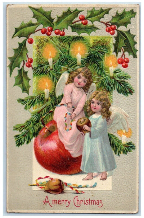 c1910's Merry Christmas Angels Apple Candle Light Holly Berries Antique Postcard