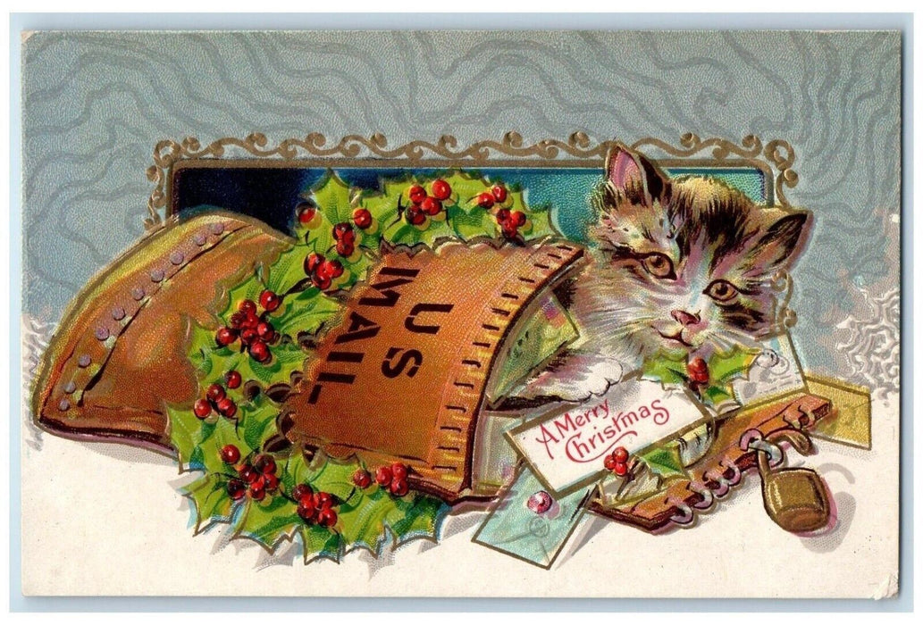 c1910's Merry Christmas US Mail Holly Berries Nash Embossed Antique Postcard