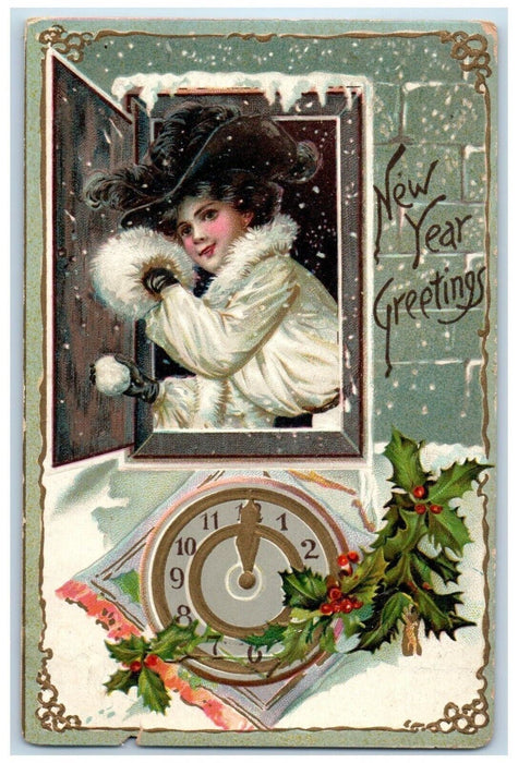 1908 New Year Greetings Girl Clock Berries Wales Center NY Tuck's Postcard