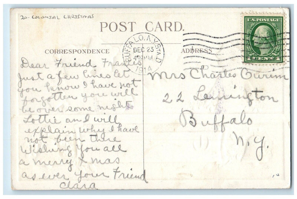 1914 Colonial Christmas Message Berries Bells Buffalo New York NY Postcard