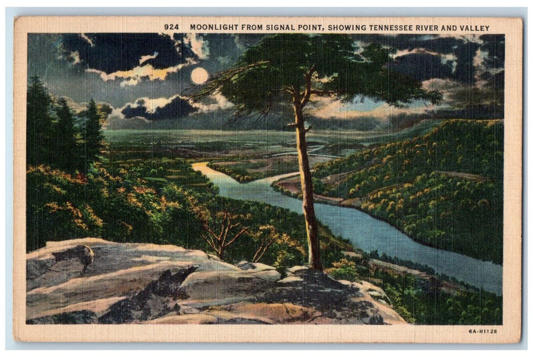 c1940's Moonlight from Signal Point Tennessee River Signal Mountain TN Postcard