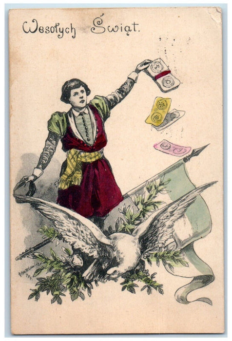 1908 Merry Christmas Poland Girl Flag Bird Michigan MI Posted Antique Postcard