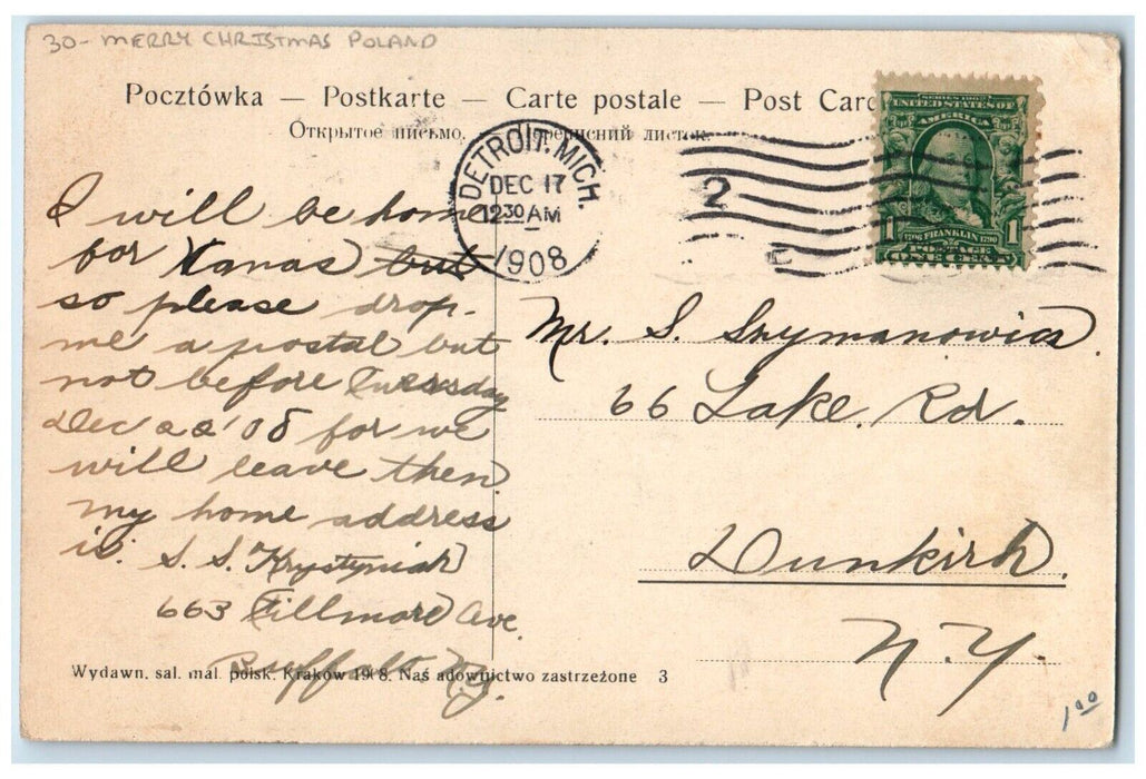 1908 Merry Christmas Poland Girl Flag Bird Michigan MI Posted Antique Postcard