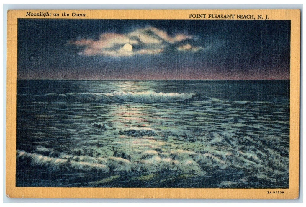 1949 Moonlight on the Ocean Pleasant Point Beach New Jersey NJ Postcard