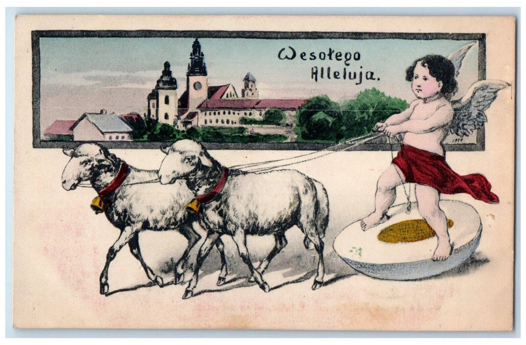 c1910's Happy Easter Egg Poland Angel Lamb Bells Posted Antique Postcard
