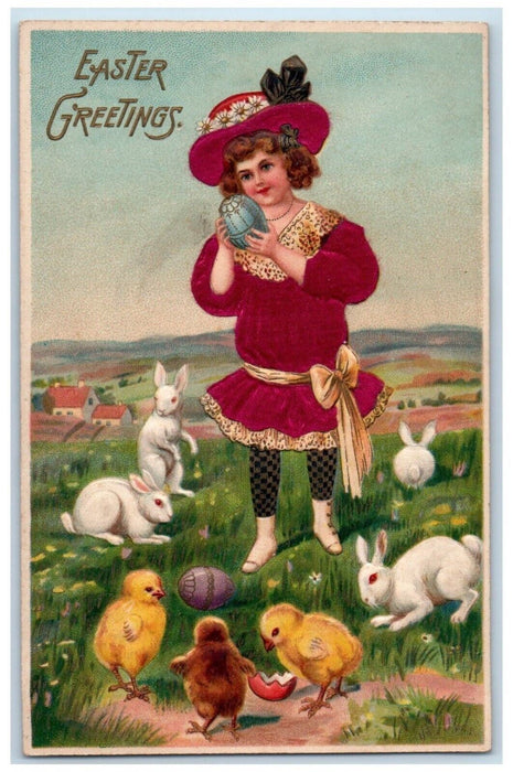 Easter Greetings Boy Bunny Rabbit Chicks Hatched Egg Embossed Silk Postcard