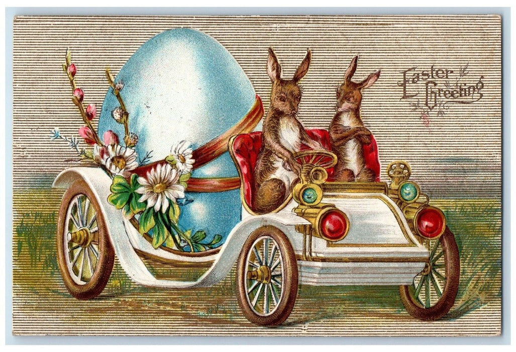 1909 Easter Greetings Anthropomorphic Rabbit Driving Car Egg Embossed Postcard