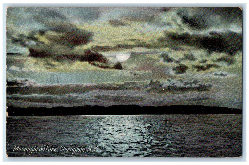 c1910 Moonlight on Lake Champlain New York NY Antique Unposted Postcard