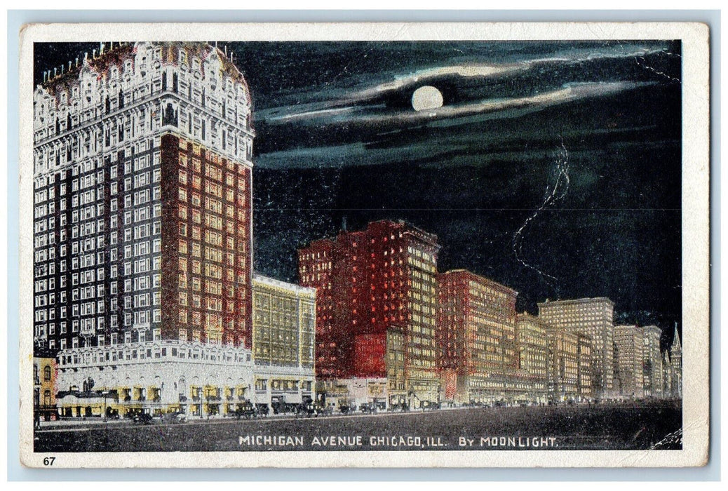 1937 Moonlight at Michigan Avenue Chicago Illinois IL Mendon NY Postcard