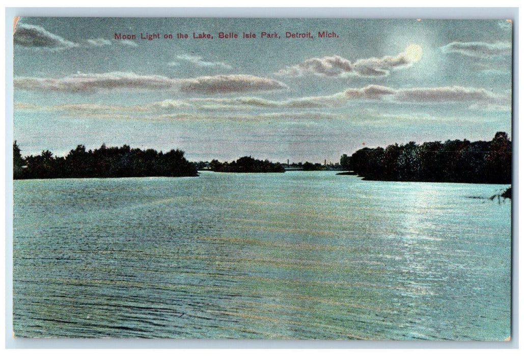 c1910 Moonlight on the Lake Belle Isle Park Detroit Michigan MI Postcard