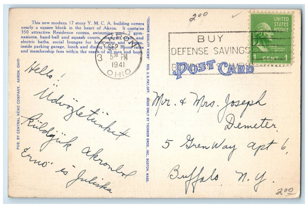 1941 Moonlight at Central Y.M.C.A. Akron Ohio OH Vintage Posted Postcard