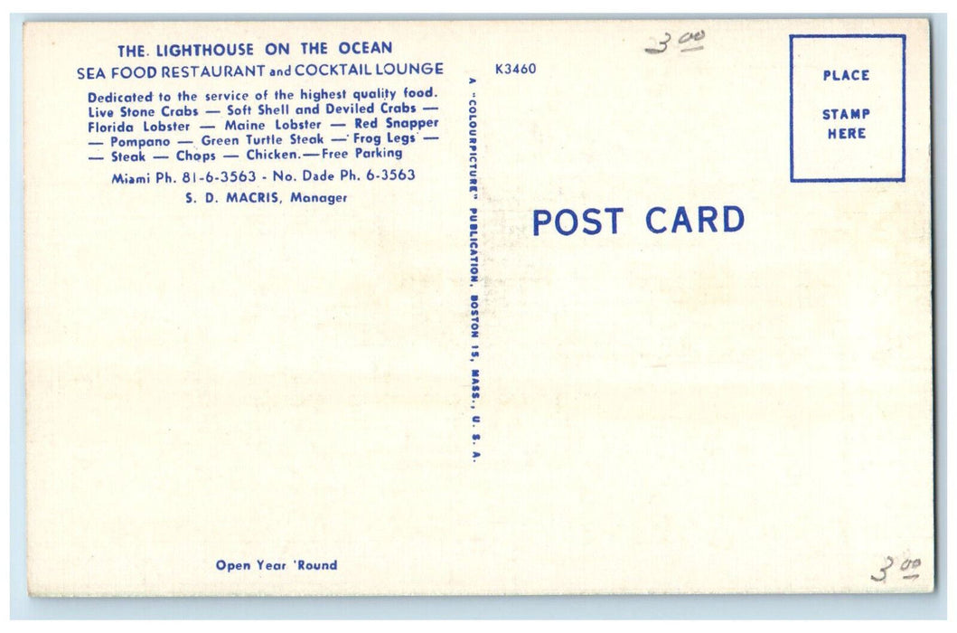 c1950's The Lighthouse on the Ocean Miami Beach Florida FL Vintage Postcard