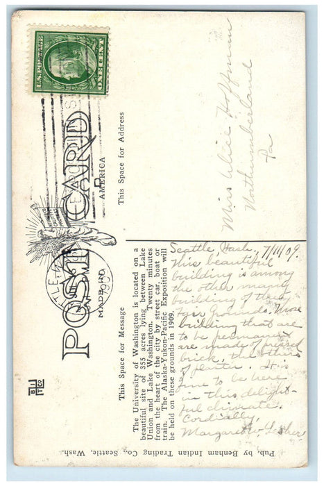 1909 University of Washington Seattle Washington WA Antique Postcard