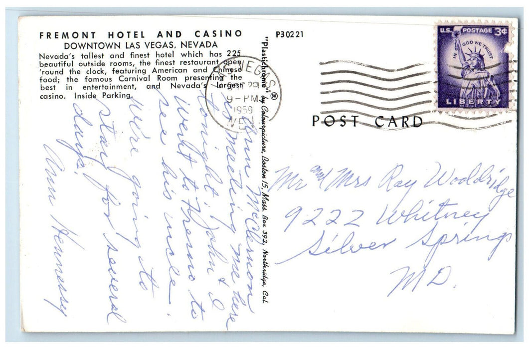 1959 Fremont Hotel and Casino Downtown Las Vegas Nevada NV Postcard