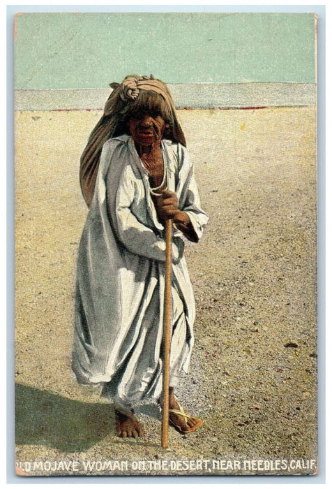 1910 Old Mojave Woman on Desert Needles California CA Fred Harvey Postcard