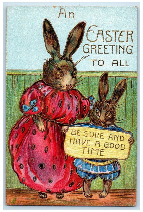 c1910's Easter Greetings Anthropomorphic Rabbit Sign Embossed Antique Postcard