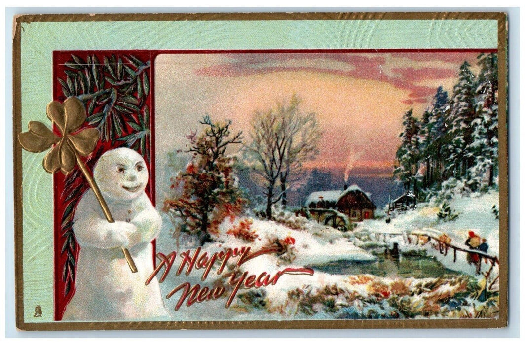 c1910's New Year Snowman Clover Winter Pine Tree House Embossed Tuck's Postcard