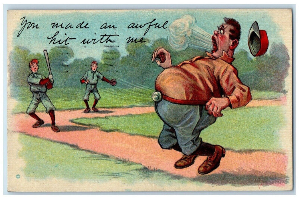 c1910's Fat Man Big Tummy Baseball Sports Comic Brockport New York NY Postcard