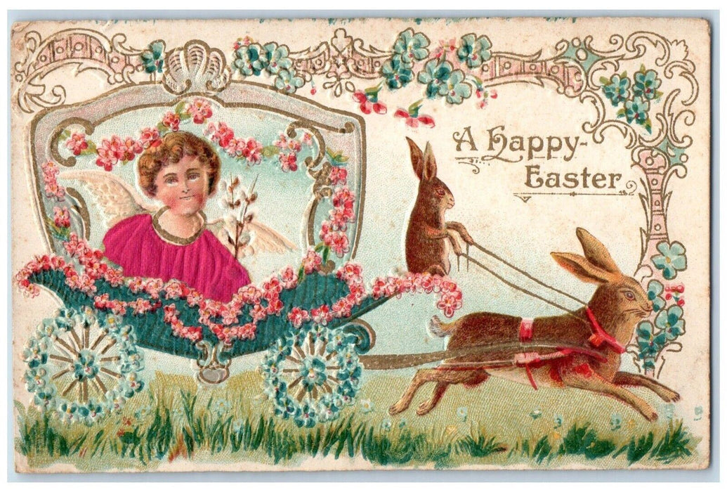 c1910's Easter Anthropomorphic Rabbit Pulling Cart Angel Flowers Silk Postcard