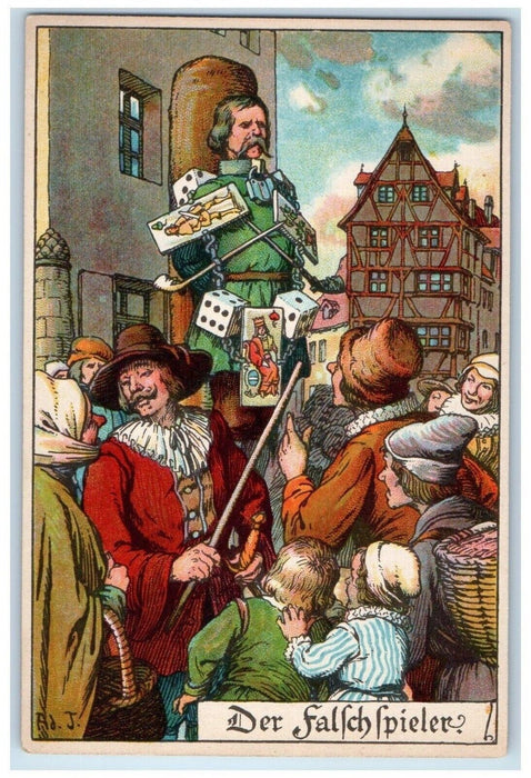 c1910's Gambling Cheater Card Dice Humiliation Germany Unposted Antique Postcard