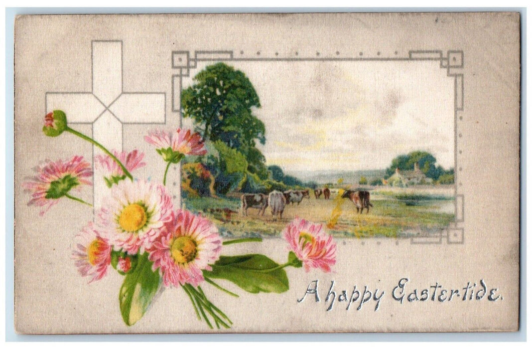 c1905 Happy Eastertide Cross Flowers Cows Nash Silk Unposted Antique Postcard