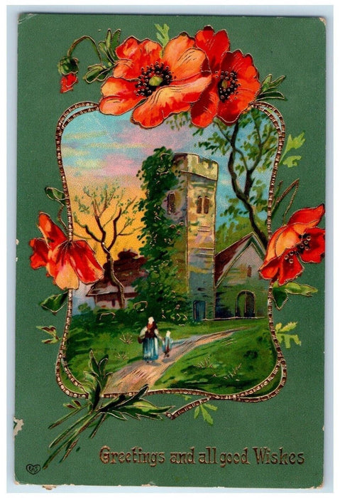 1909 All Good Wishes Greetings Flowers EAS Gel Gold Gilt Batavia NY Postcard