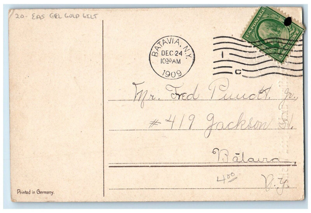 1909 All Good Wishes Greetings Flowers EAS Gel Gold Gilt Batavia NY Postcard