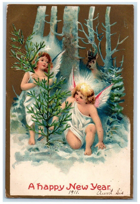 1910 New Year Deer Angels Cherub Winter Winsch Back Embossed Antique Postcard