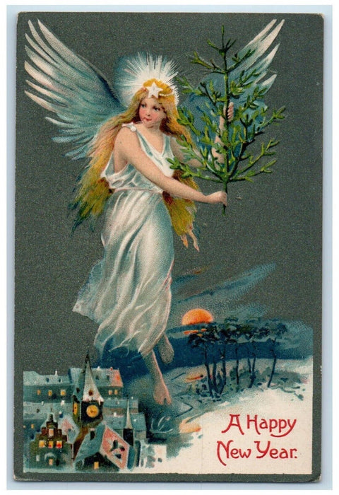 1910 New Year Floating Angel House Clock Tower Winter Winsch Back Postcard