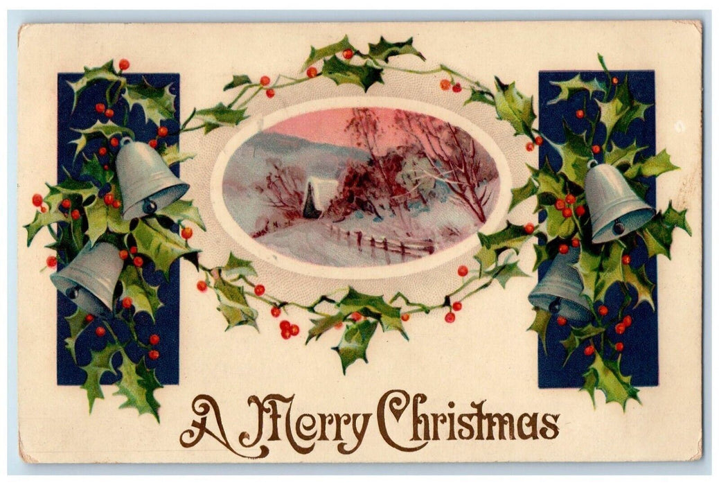 1910 Christmas Holly Berries Ringing Bells Winter Gel Gold Gilt Antique Postcard