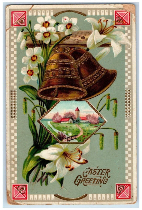 1915 Easter Greetings Lily Flowers Bells Gel Gold Gilt Embossed Antique Postcard