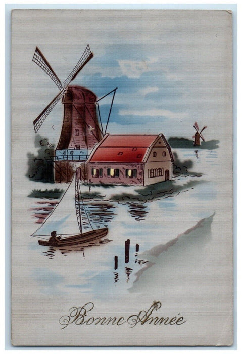 c1910's New Years Bonne Annee Windmill Canoe Boat Unposted Antique Postcard