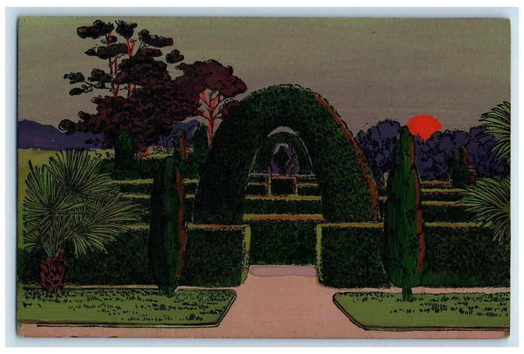 c1910's Handpainted Art Garden Sunset Trees Germany Unposted Antique Postcard