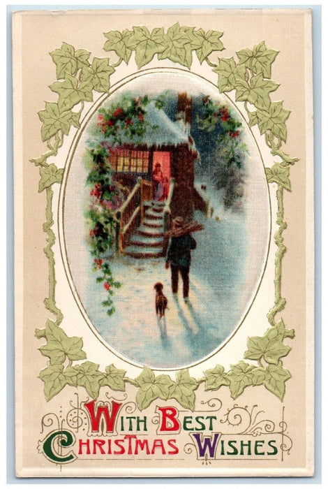 c1910's Christmas Wishes Man Dog Coming Home Winter Winsch Back Silk Postcard