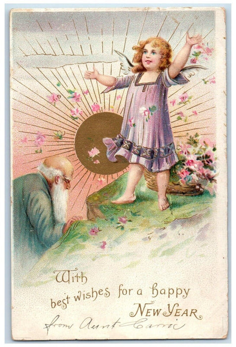 1906 Happy New Year Father Time Angel Flowers In Basket Embossed Tuck's Postcard