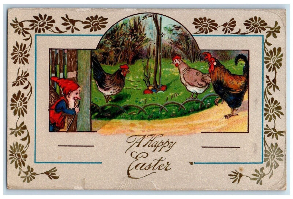 c1910's Easter Gnome Chicken Hen Rooster Eggs Gel Gold Gilt Embossed Postcard