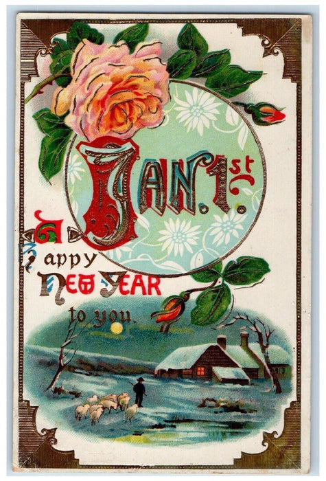 c1910's New Year Jan. 1st Flowers Sheep Winter Gel Gold Gilt Embossed Postcard