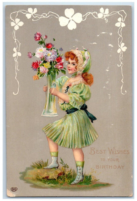 1907 Birthday Pretty Woman Flower Vase EAS Gel Mount Wolf PA Antique Postcard