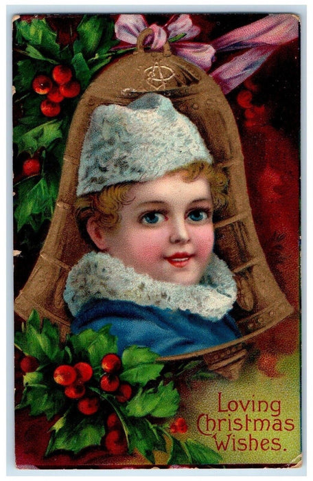 c1910's Christmas Wishes Boy Head Bell Holly Berries Embossed Antique Postcard