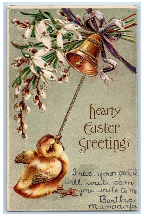 1907 Easter Greetings Chick Ringing Bell Flowers Embossed Antique Postcard