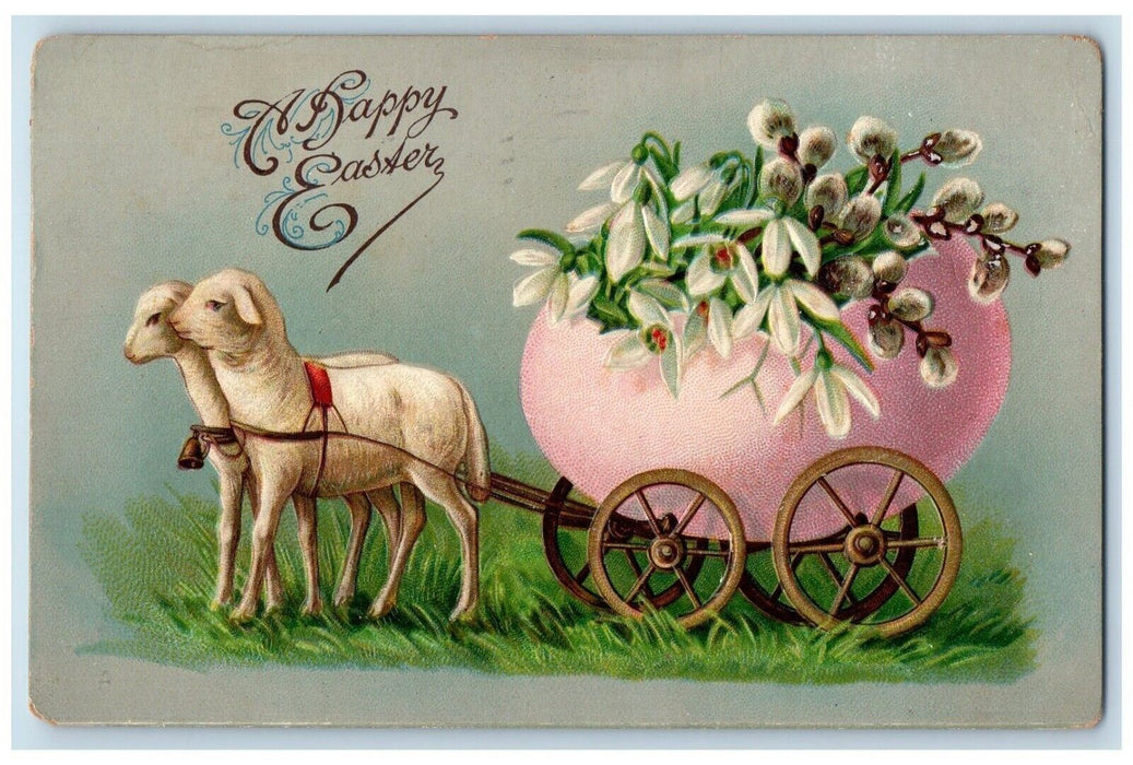 c1910's Easter Sheep Pulling Cart Wagon Hatched Egg Flowers Embossed Postcard