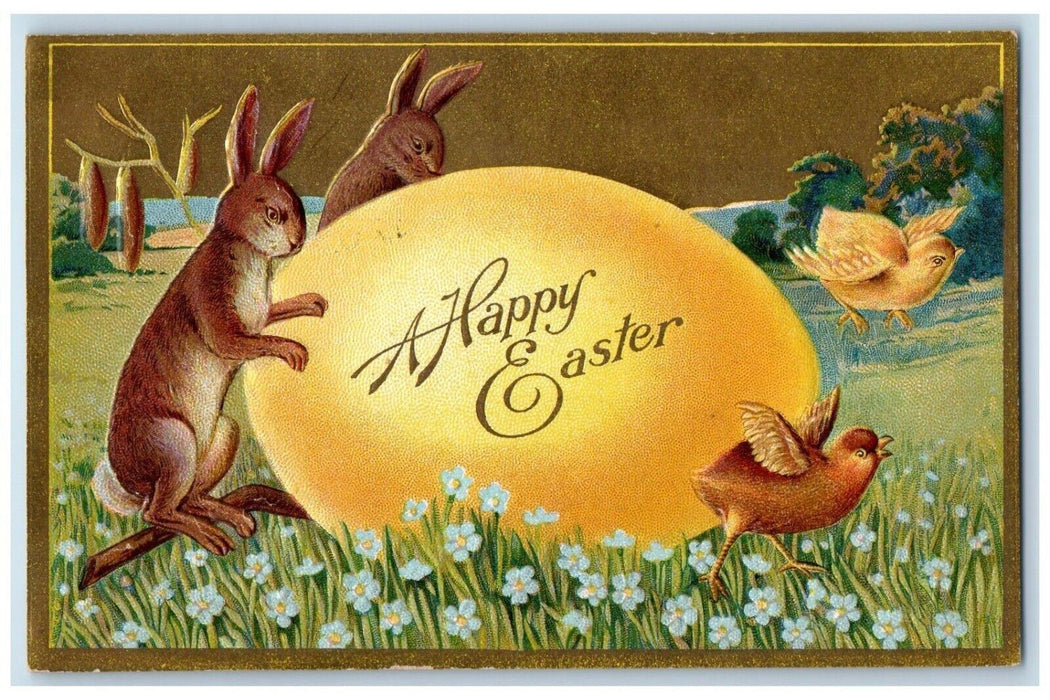 1911 Happy Easter Giant Egg Bunny Rabbit Flowers Chick Lansing MI Postcard