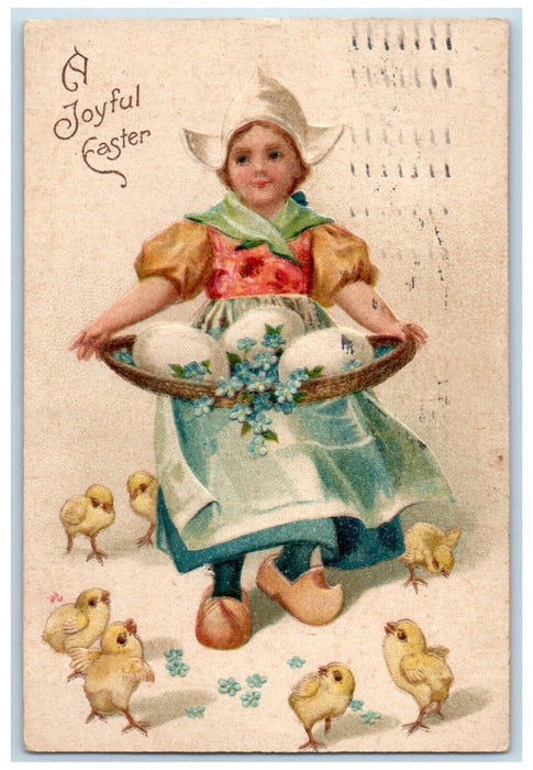 1908 Easter Dutch Girl Eggs Flowers Chicks Clapsaddle Embossed Antique Postcard