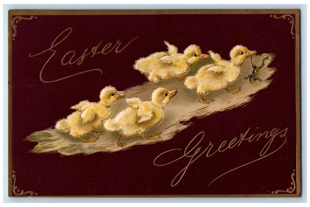 c1910's Easter Greetings Chicks Bite Frog Embossed Posted Antique Postcard